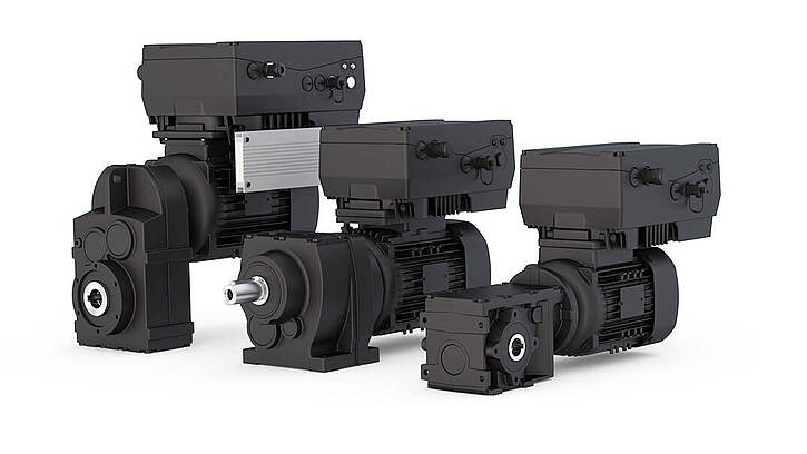Group picture of motors with integrated frequency inverters distributed by KEB Automation