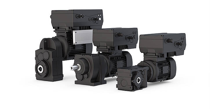 Group picture of motors with integrated frequency inverters distributed by KEB Automation