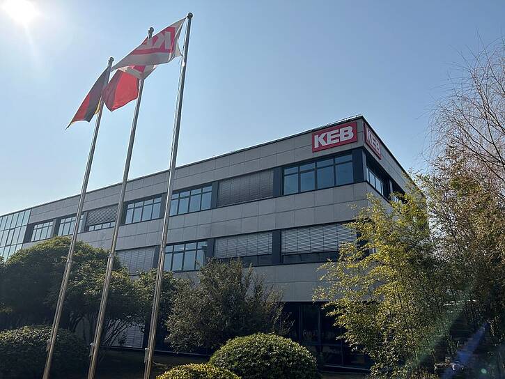 Das Bürogebäude von KEB China in Shanghai. Davor wehen 3 Fahnen: Eine deutsche, eine chinesische und eine mit dem KEB Logo