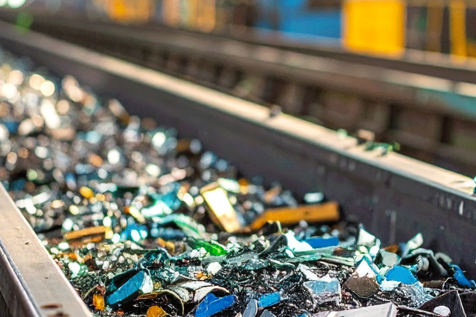 Metallstücke auf einem Förderband in einer Metallrecyclinganlage