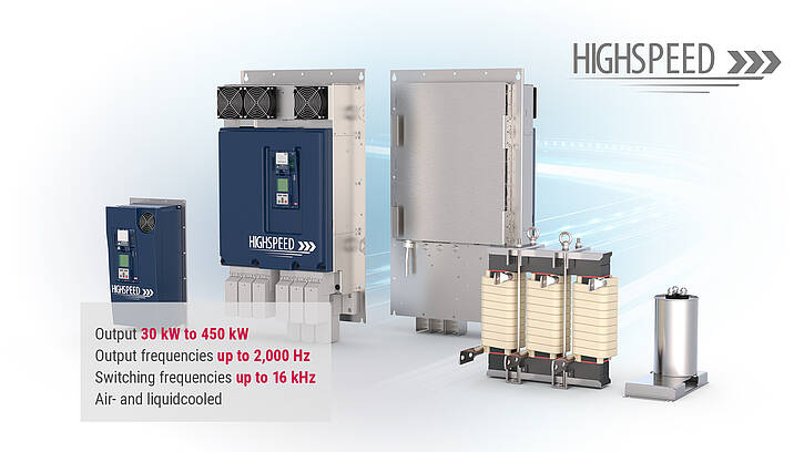 Gruppenbild der von KEB Automation hergestellten und vertriebenen High Speed Drive controller (Frequenzumrichter) mit einigen technischen Eckdaten