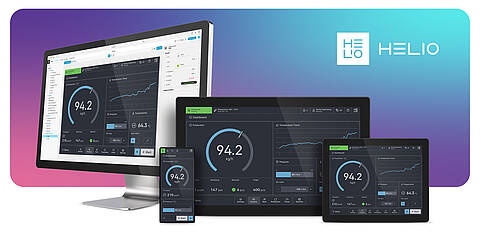 Visualisierung vom HELIO HMI auf vier verschiedenen Endgeräten, welches von KEB Automation und HMI Projekt co-entwickelt wurde