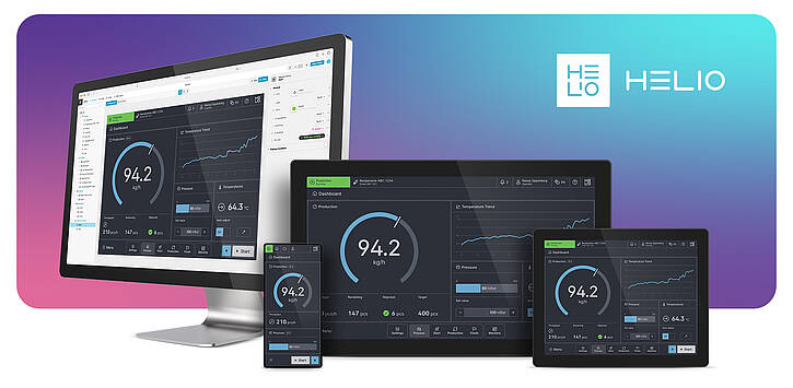 Visualisierung des HELIO HMI, das von KEB Automation und HMI Project gemeinsam entwickelt wurde, auf vier verschiedenen Geräten