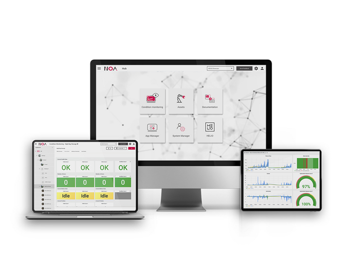 different dashboards of the innovative automation platform NOA, developed by KEB Automation, on three different devices