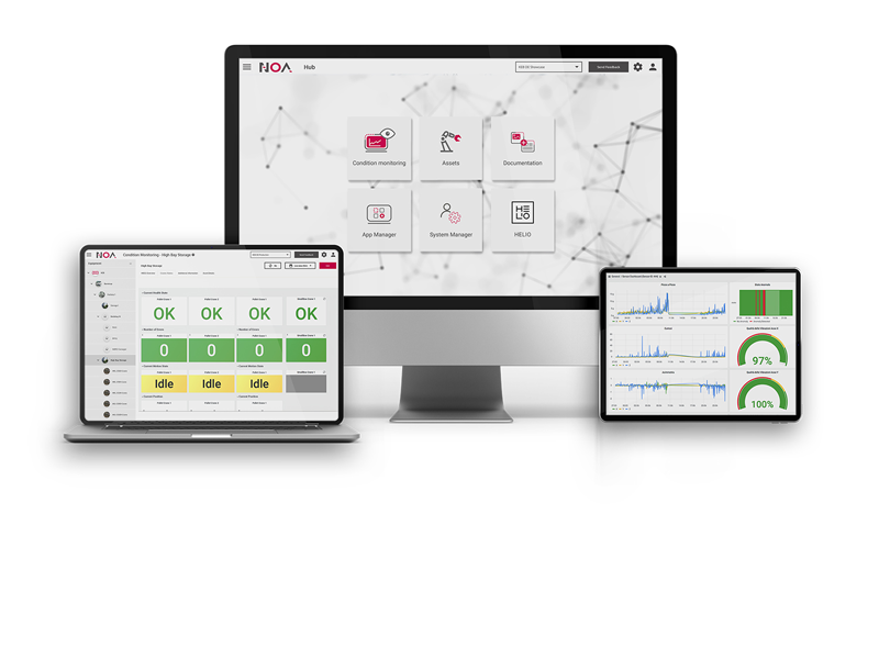 different dashboards of the innovative automation platform NOA, developed by KEB Automation, on three different devices