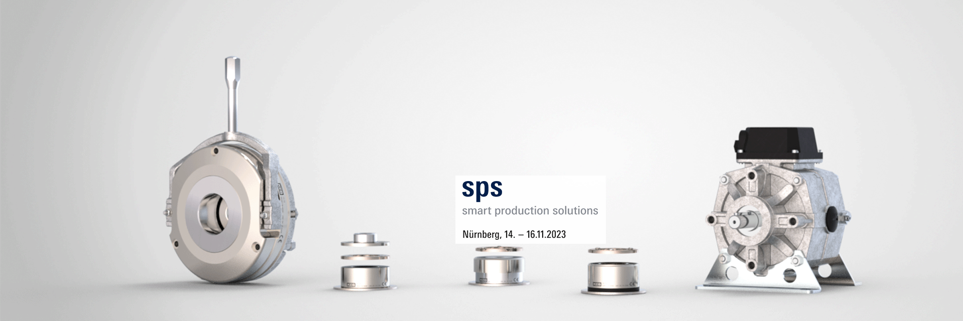 a set of brakes and clutches developed, manufactured and distributed by KEB Automation with the logo of the SPS 2023