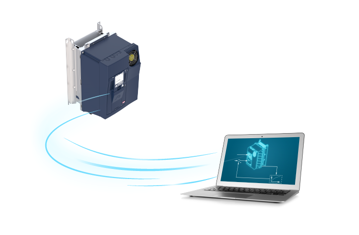 illustration of a digital twin of a KEB Automation drive, illustration with a blue stream between a drive housing and laptop