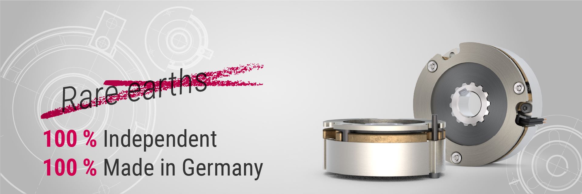 Two COMBISTOP S1, manufactured by KEB Automation, are shown on the right against a light grey background. On the left, the black text “Rare earths” is crossed out with a bold magenta line, followed by “100% Independent” and “100% Made in Germany” in magenta and black text. Faint technical drawings of mechanical parts appear in the background.