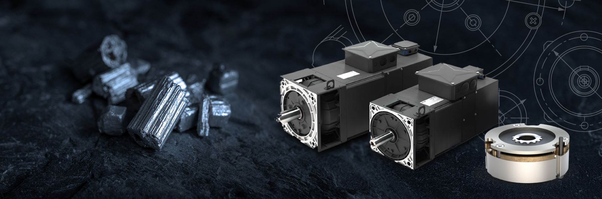 One COMBISTOP S1 brake and two synchronous reluctance motors, manufactured by KEB Automation, are shown on the right against a dark background. Faint technical drawings of mechanical parts appear in the background and one the left are ore elements