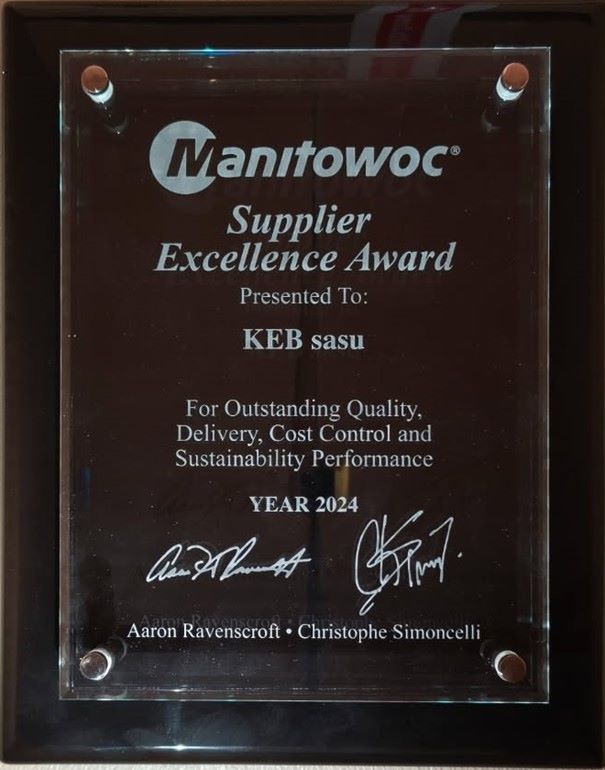 Manitowoc Supplier Excellence Award, presented to KEB Automation