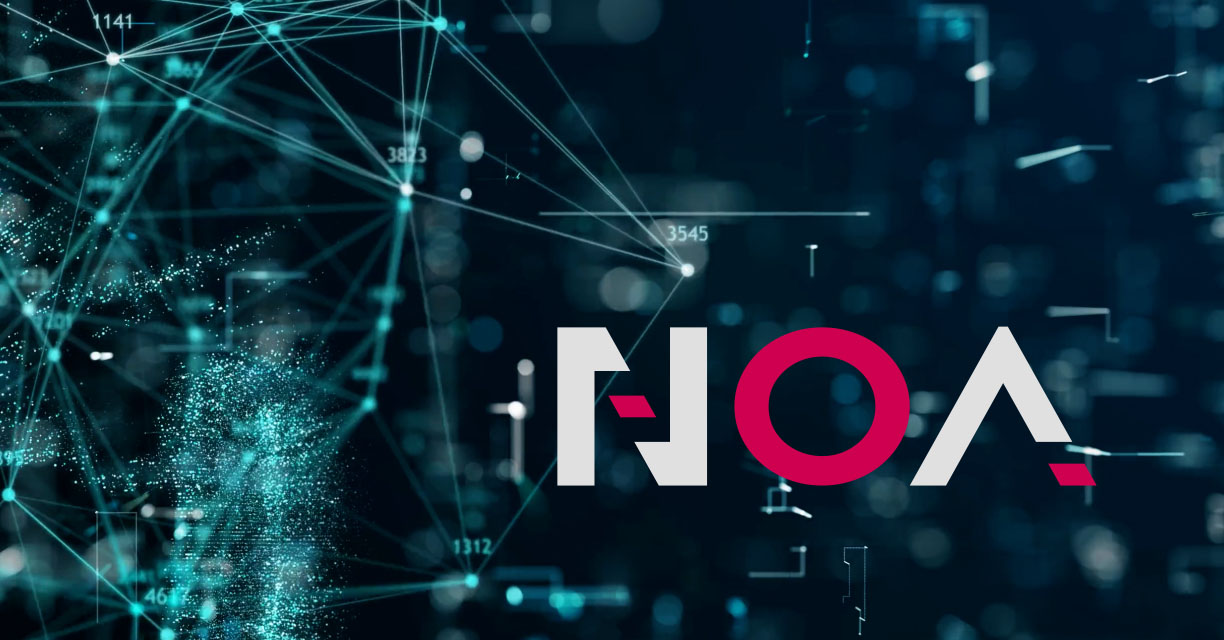 KEB NOA Logo auf visualisiertem digitalen Web-Hintergrund