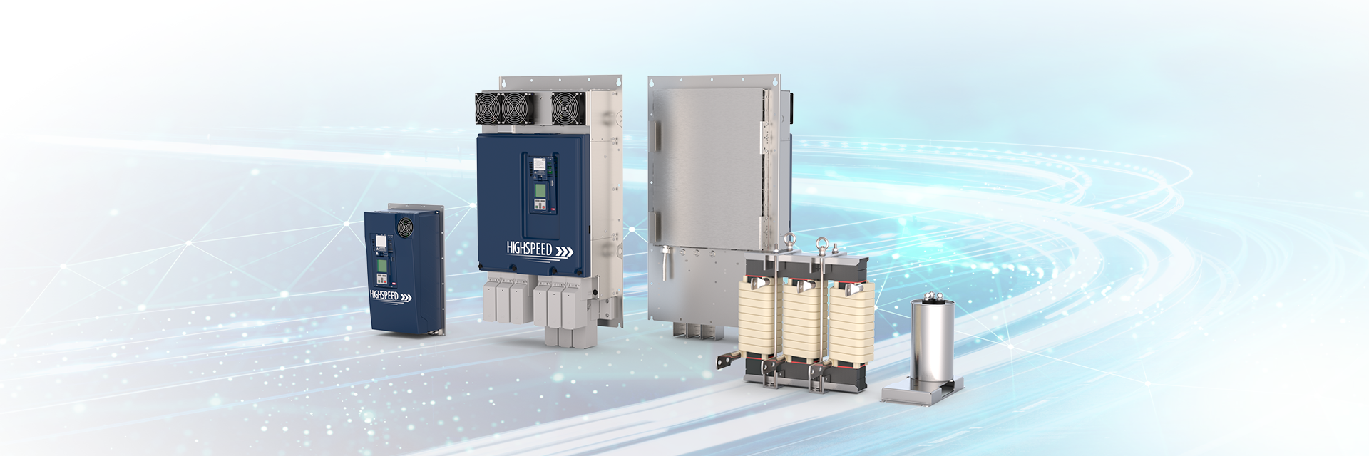 Gruppenbild der von KEB Automation hergestellten und vertriebenen High Speed Drive controller (Frequenzumrichter)